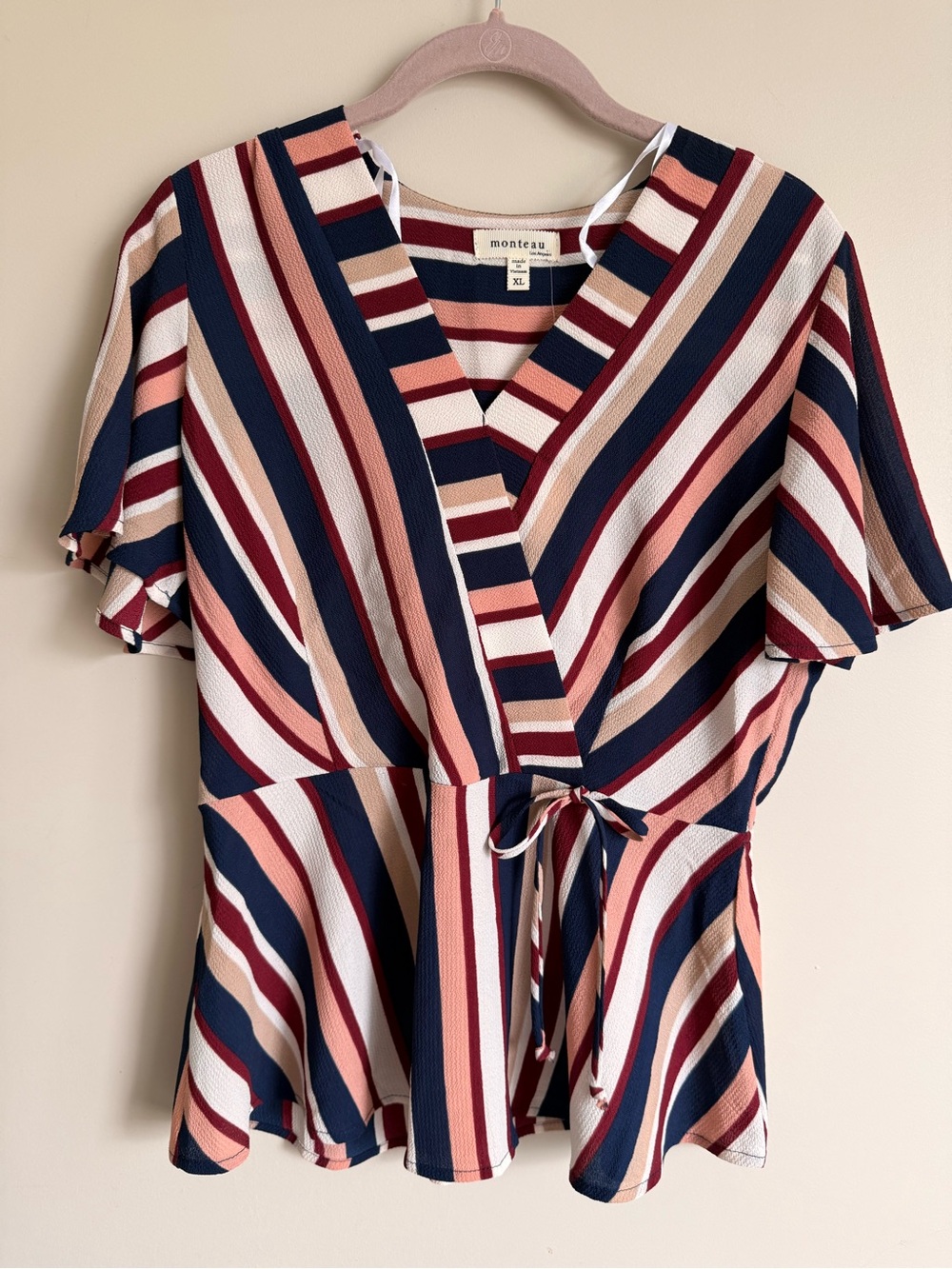 Monteau Navy, Cream & Rust Striped Wrap Peplum Blouse